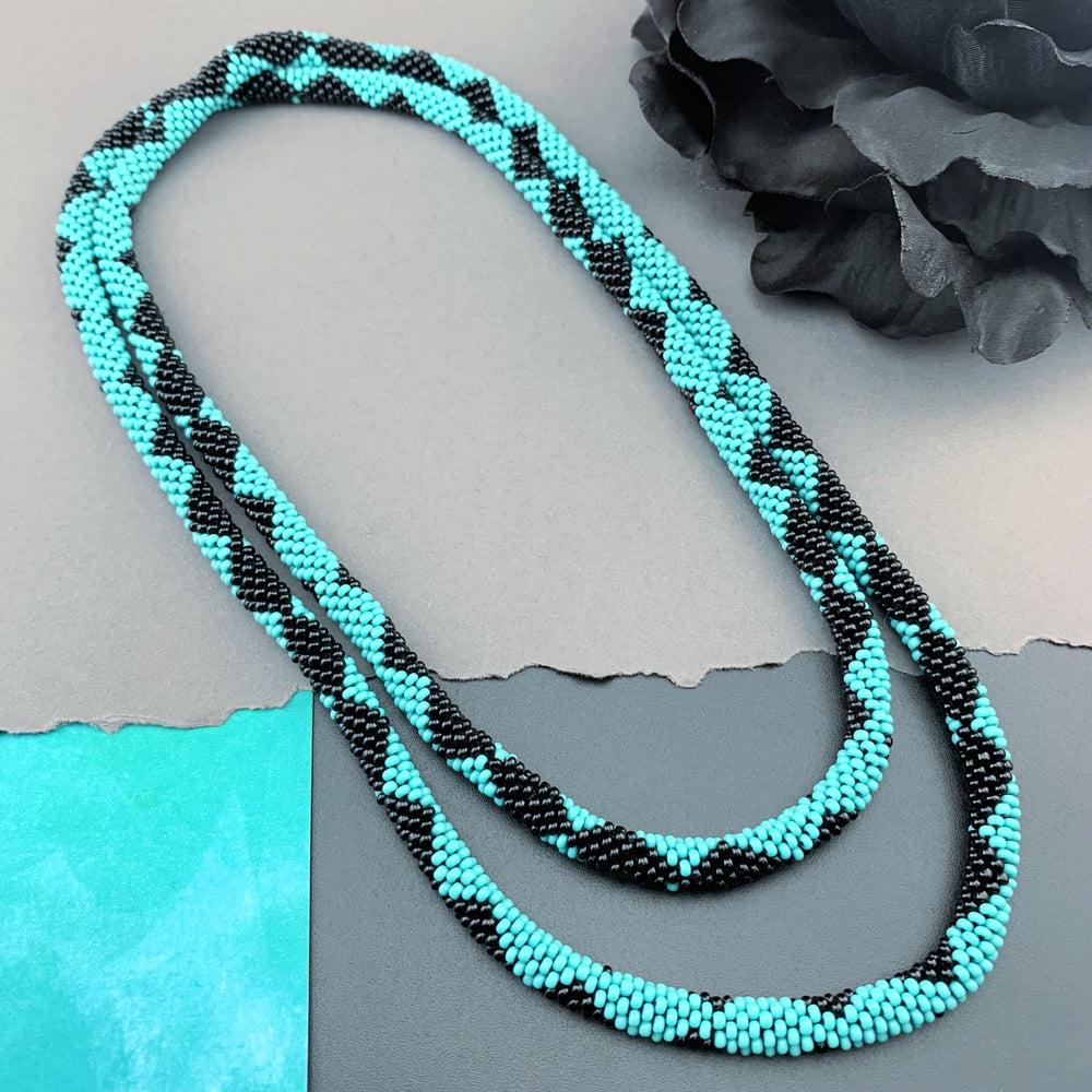 45" Diamond Pattern Beaded Crochet Rope Necklace - Turquoise