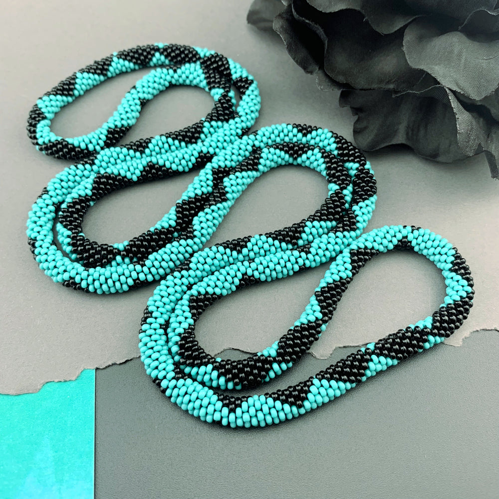 45" Diamond Pattern Beaded Crochet Rope Necklace - Turquoise