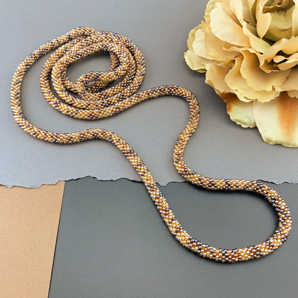 50" Abstract Pattern Beaded Crochet Rope Necklace - Shimmering Topaz Browns