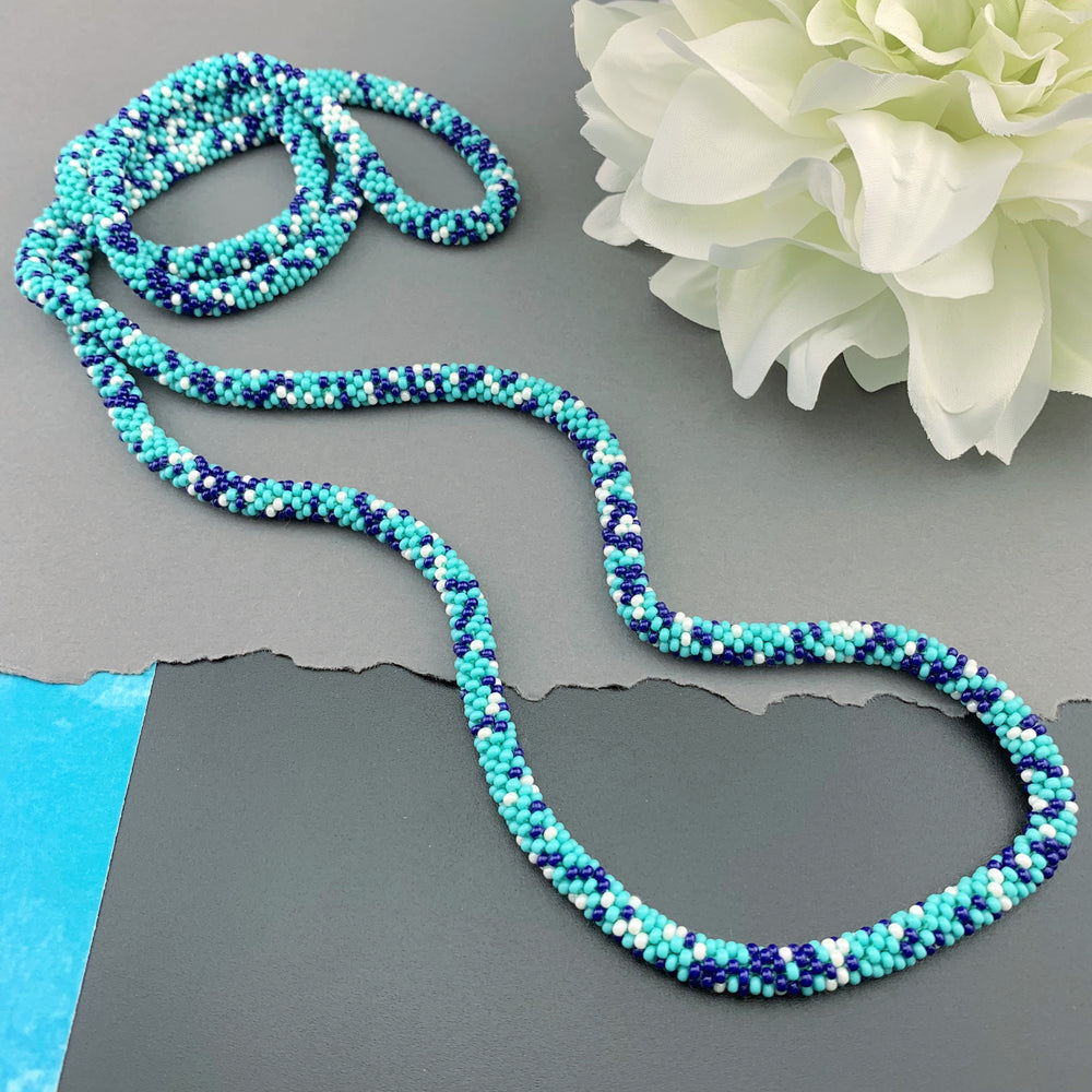 50" Abstract Pattern Beaded Crochet Rope Necklace - Turquoise/Blue