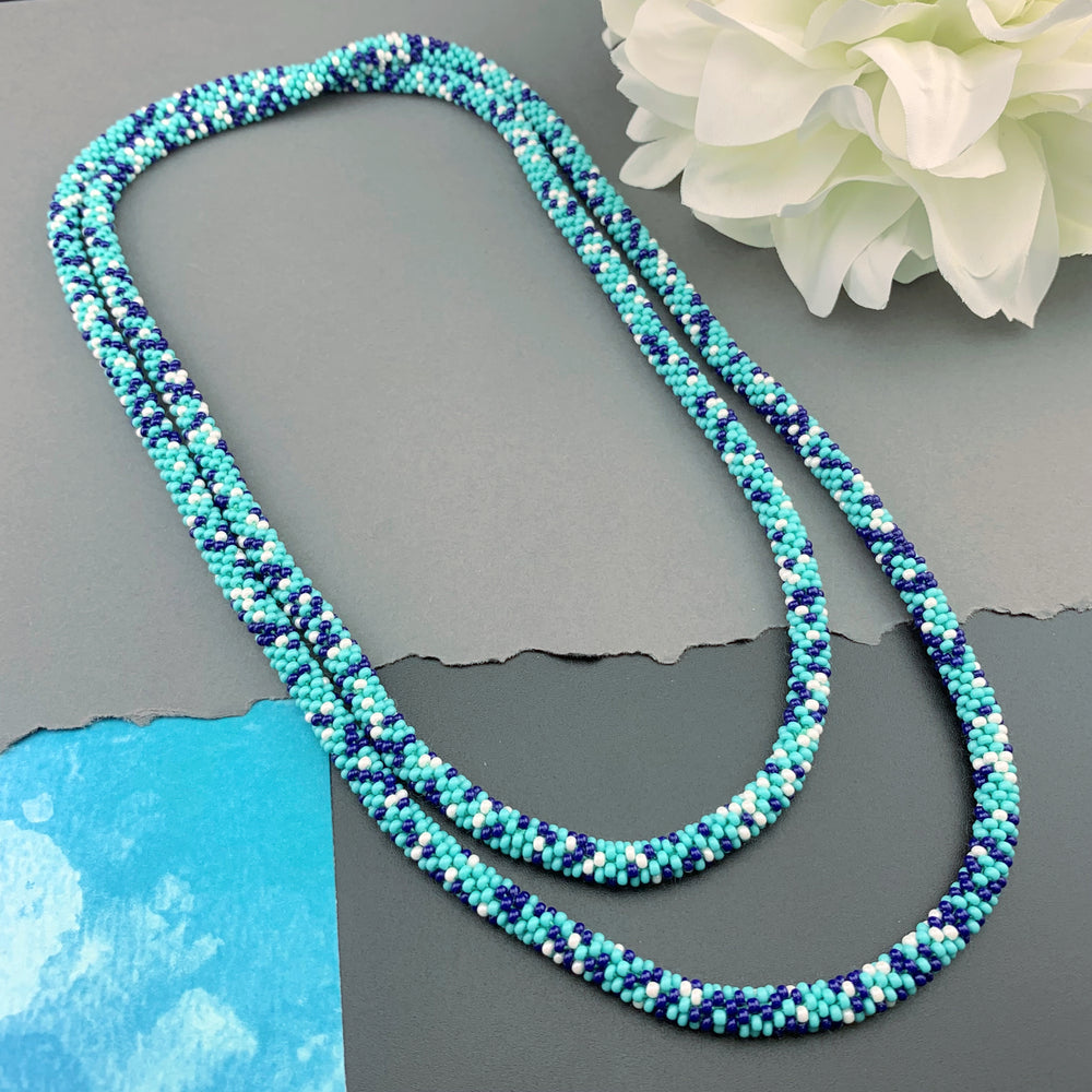 50" Abstract Pattern Beaded Crochet Rope Necklace - Turquoise/Blue
