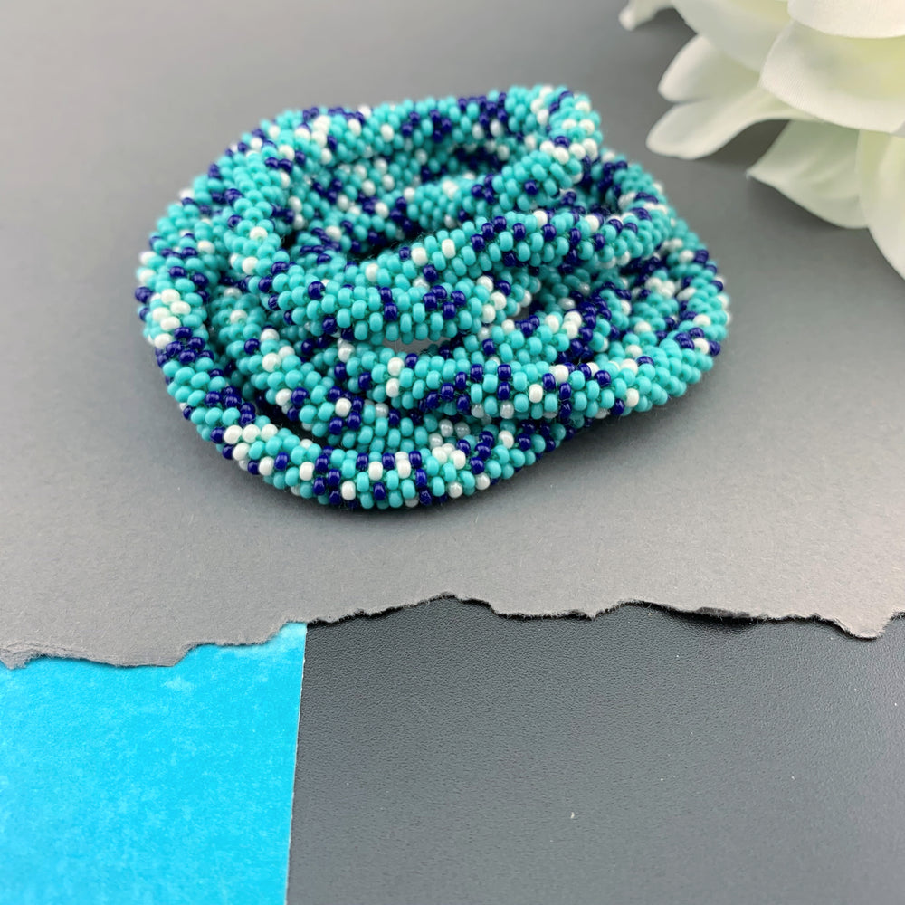 50" Abstract Pattern Beaded Crochet Rope Necklace - Turquoise/Blue