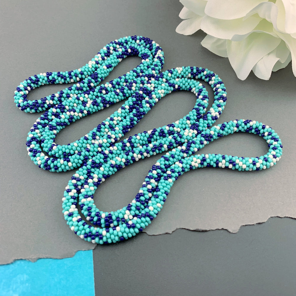 50" Abstract Pattern Beaded Crochet Rope Necklace - Turquoise/Blue