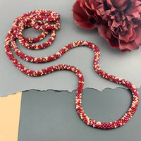 50" Abstract Pattern Beaded Crochet Rope Necklace - Red/Cream