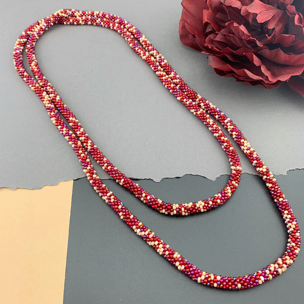 50" Abstract Pattern Beaded Crochet Rope Necklace - Red/Cream