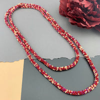 50" Abstract Pattern Beaded Crochet Rope Necklace - Red/Cream