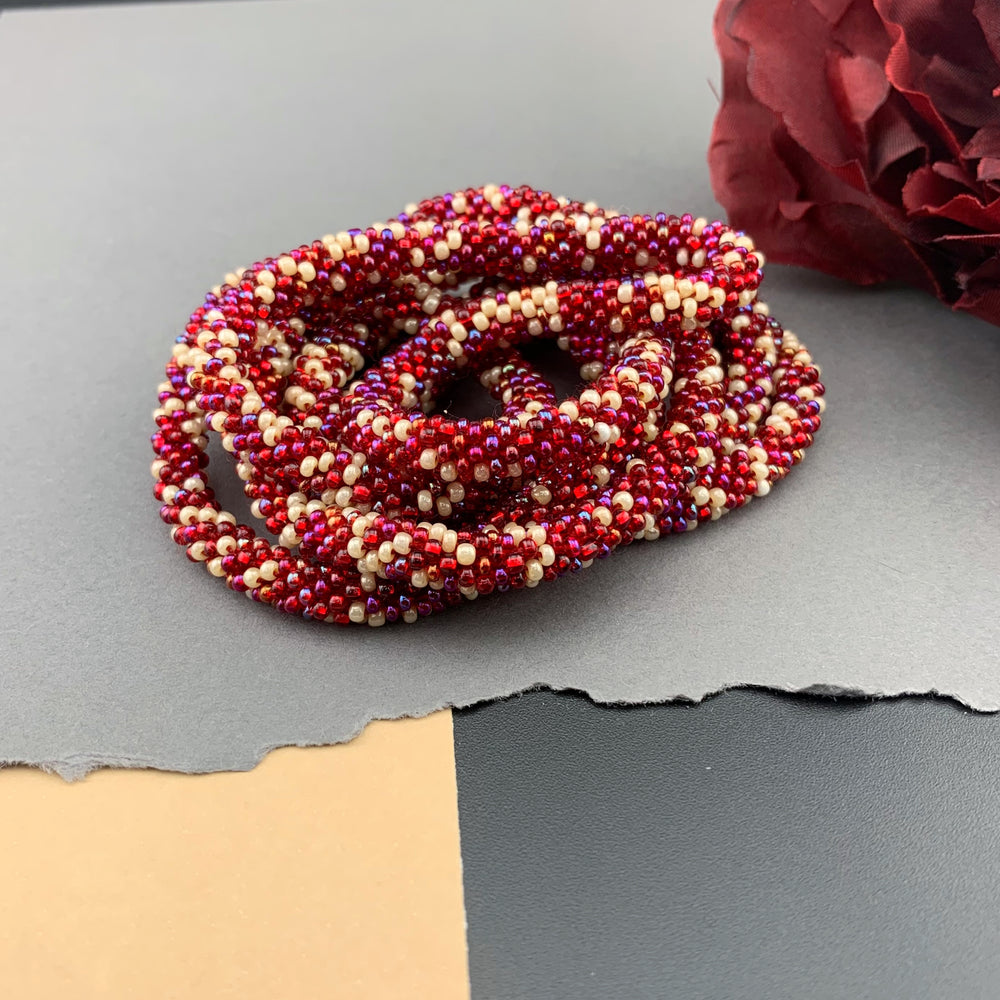 50" Abstract Pattern Beaded Crochet Rope Necklace - Red/Cream