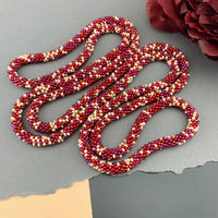 50" Abstract Pattern Beaded Crochet Rope Necklace - Red/Cream