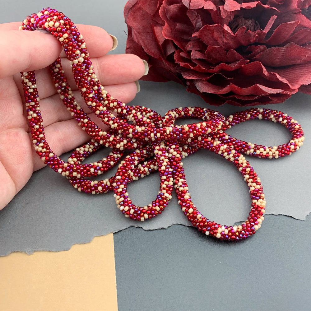 50" Abstract Pattern Beaded Crochet Rope Necklace - Red/Cream