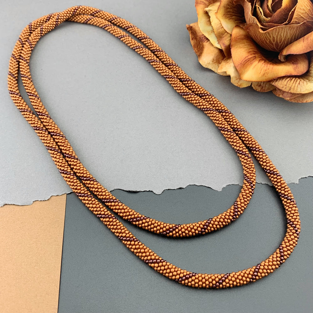 50" Spiral Pattern Beaded Crochet Rope Necklace - Silk Copper