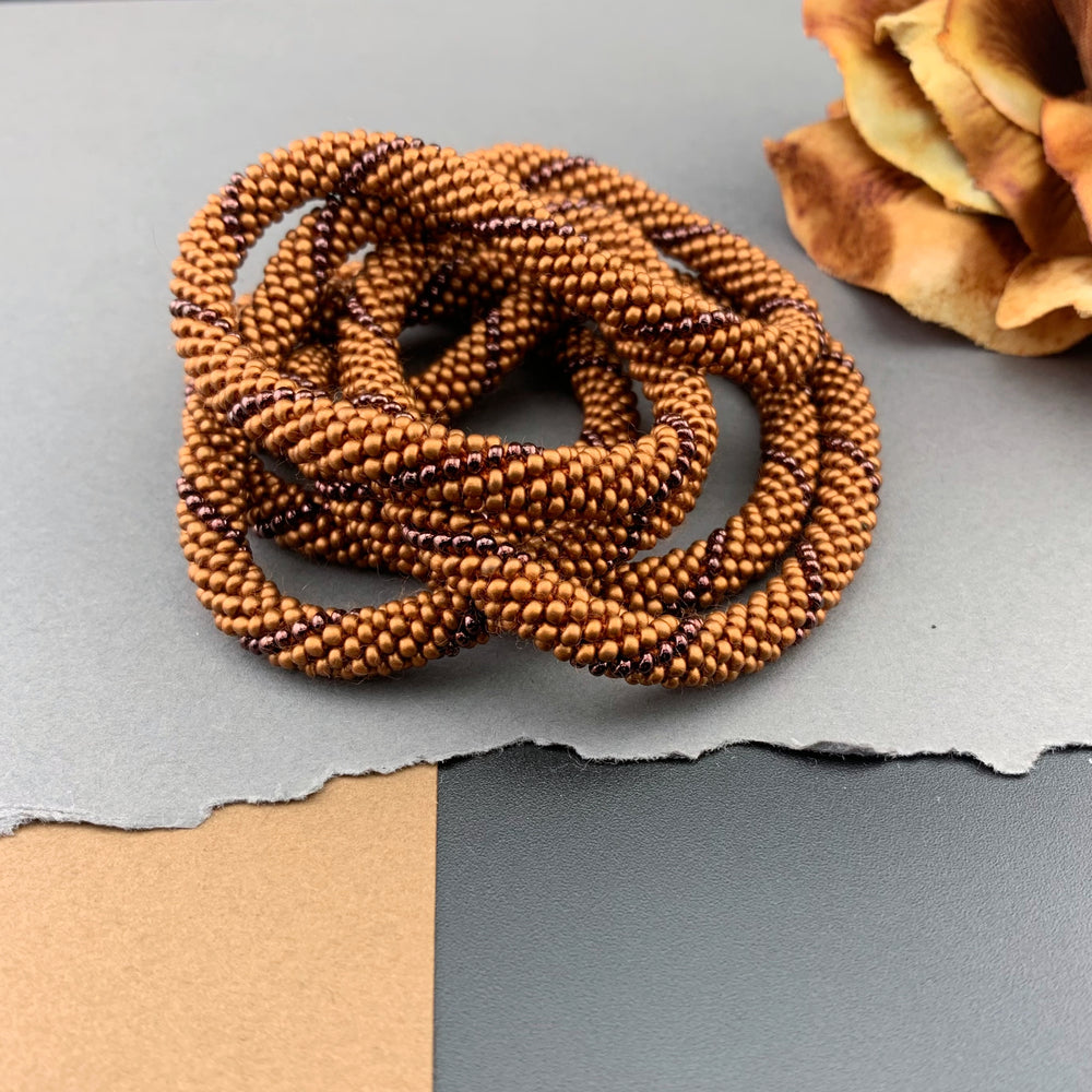 50" Spiral Pattern Beaded Crochet Rope Necklace - Silk Copper