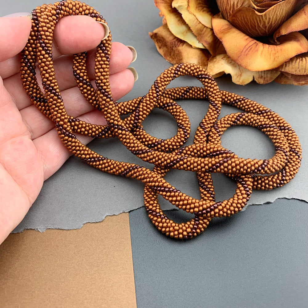 50" Spiral Pattern Beaded Crochet Rope Necklace - Silk Copper