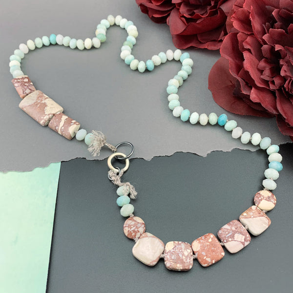 One Of A Kind Silk Knotted Amazonite and Jasper Gemstone Candy Necklace