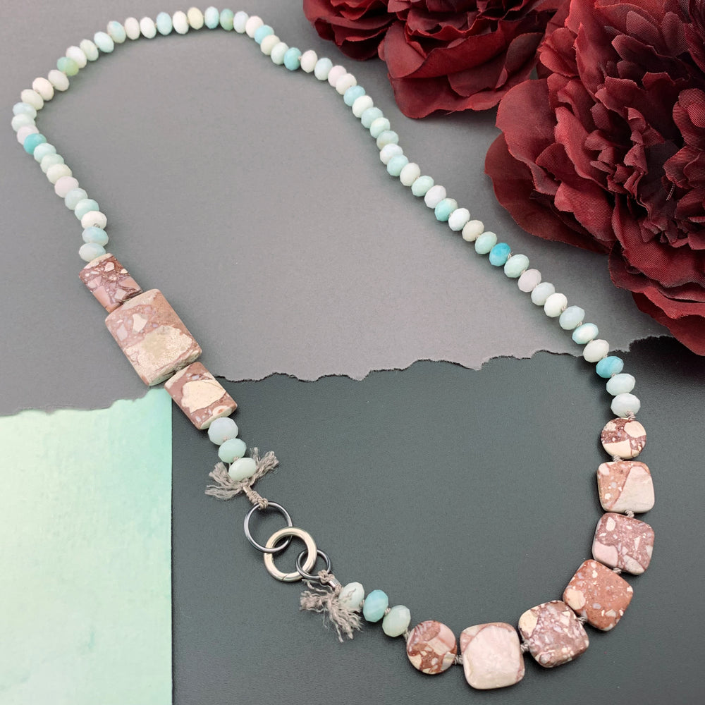 One Of A Kind Silk Knotted Amazonite and Jasper Gemstone Candy Necklace