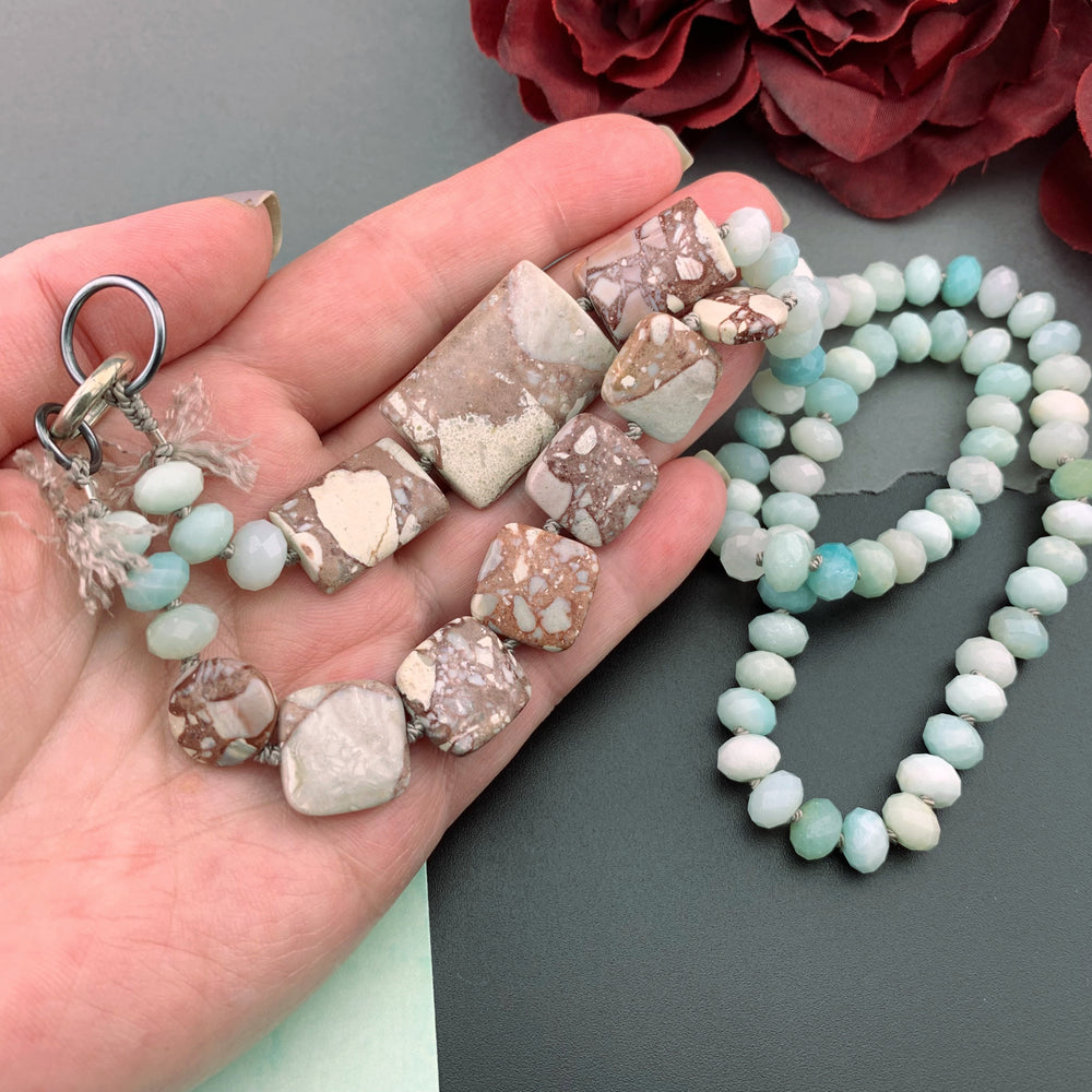 One Of A Kind Silk Knotted Amazonite and Jasper Gemstone Candy Necklace