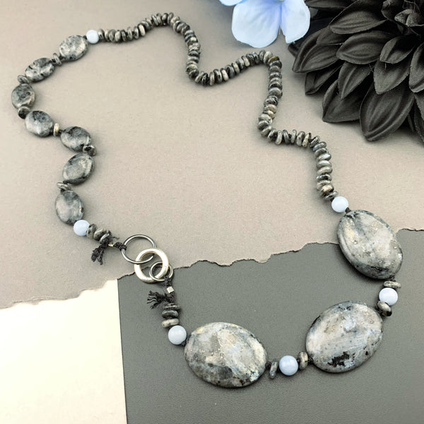 One Of A Kind Silk Knotted Black Labradorite and Angelite Gemstone Candy Necklace