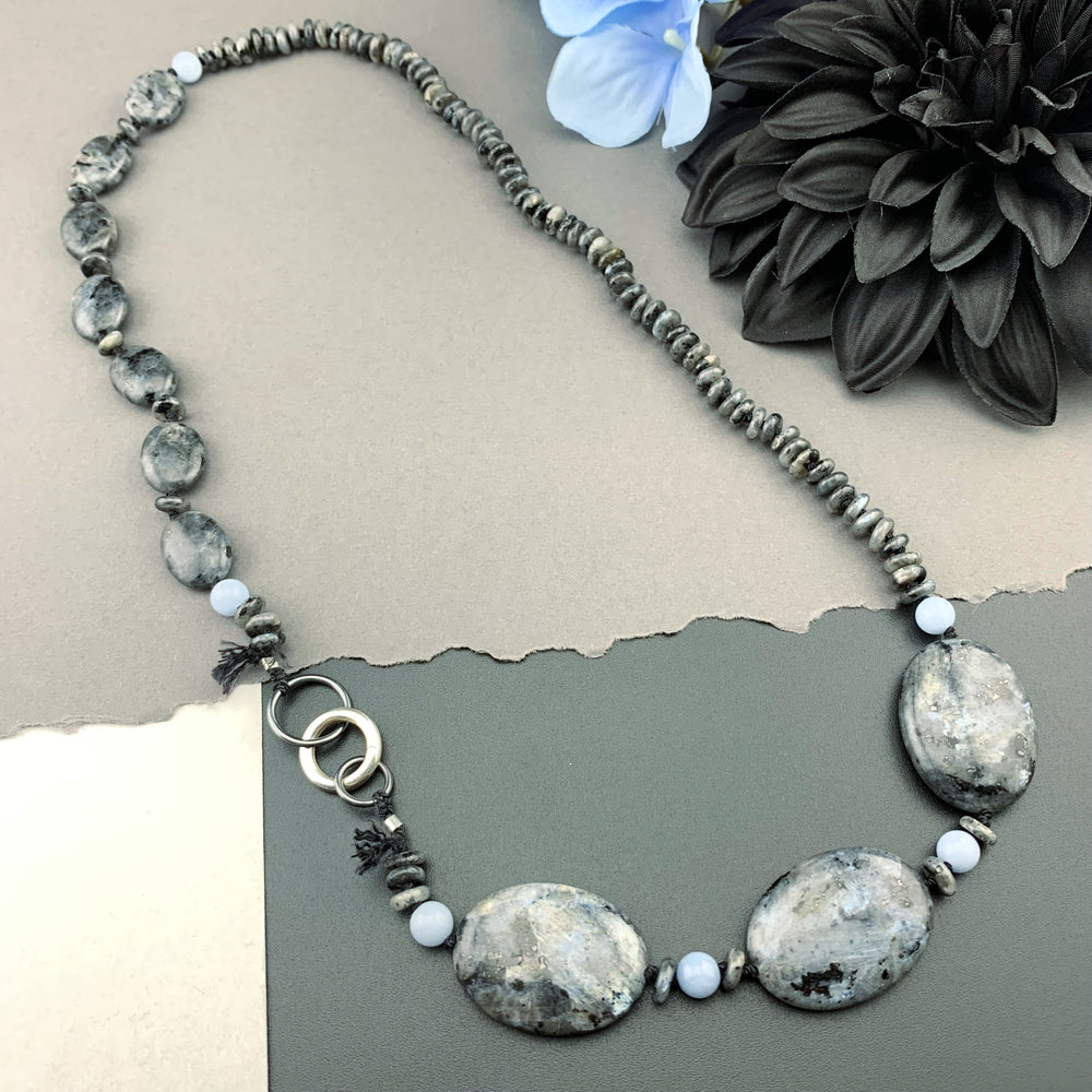 One Of A Kind Silk Knotted Black Labradorite and Angelite Gemstone Candy Necklace