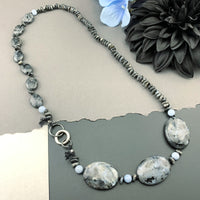 One Of A Kind Silk Knotted Black Labradorite and Angelite Gemstone Candy Necklace