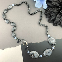 One Of A Kind Silk Knotted Black Labradorite and Angelite Gemstone Candy Necklace