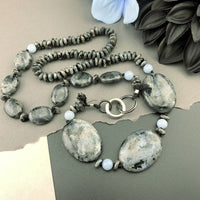 One Of A Kind Silk Knotted Black Labradorite and Angelite Gemstone Candy Necklace