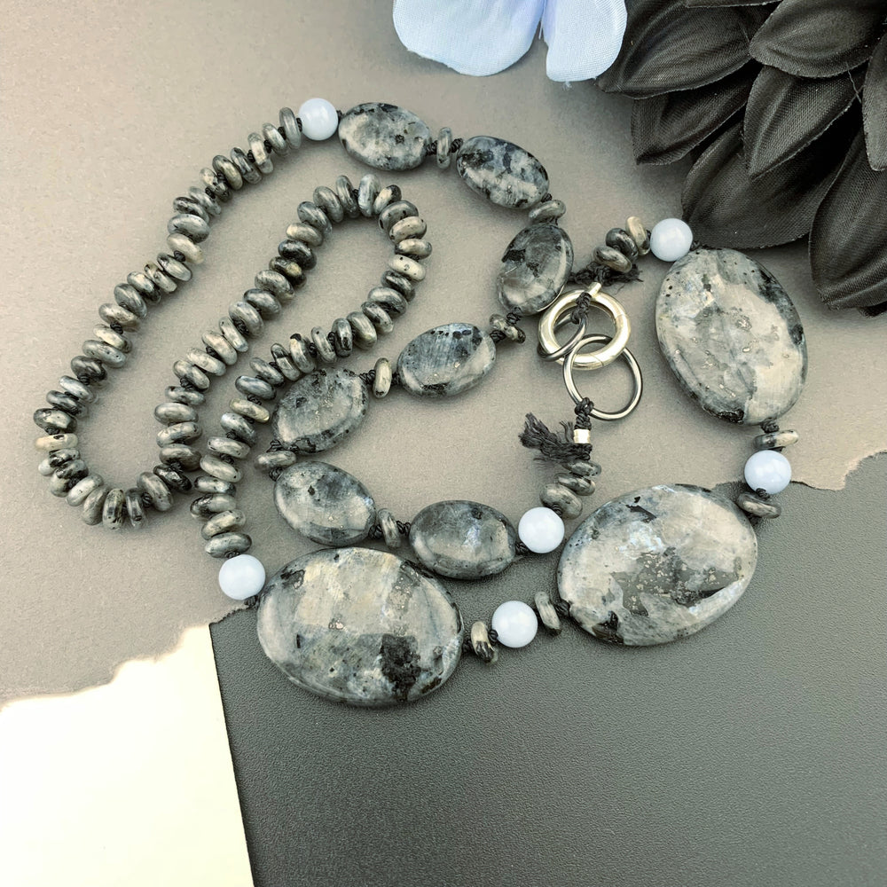 One Of A Kind Silk Knotted Black Labradorite and Angelite Gemstone Candy Necklace