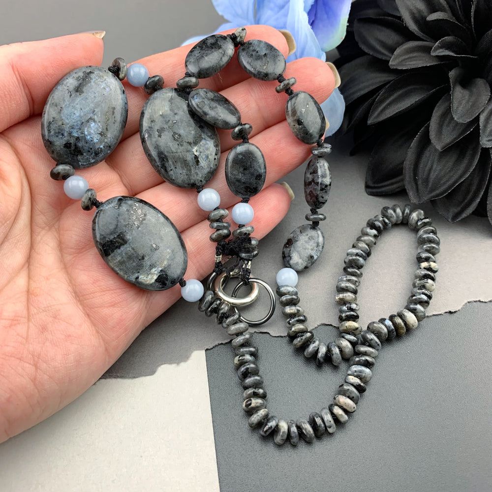 One Of A Kind Silk Knotted Black Labradorite and Angelite Gemstone Candy Necklace