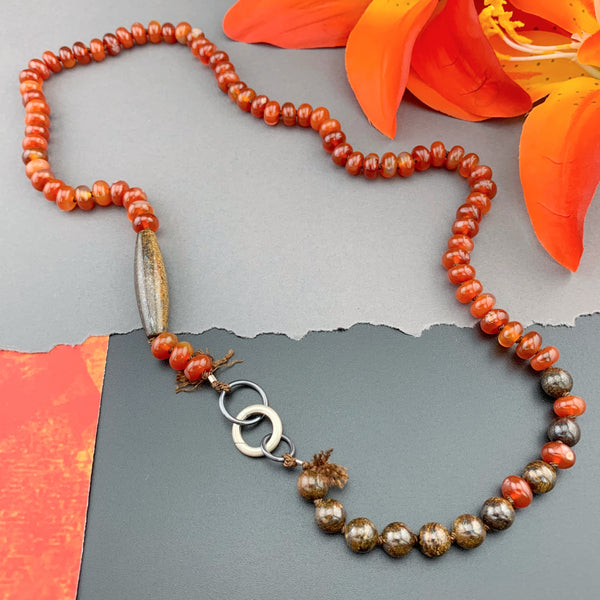 One Of A Kind Silk Knotted Carnelian and Bronzite Gemstone Candy Necklace