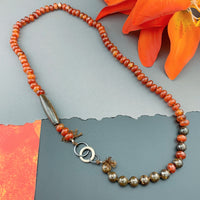 One Of A Kind Silk Knotted Carnelian and Bronzite Gemstone Candy Necklace