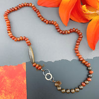 One Of A Kind Silk Knotted Carnelian and Bronzite Gemstone Candy Necklace