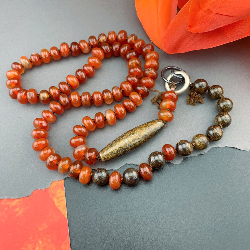 One Of A Kind Silk Knotted Carnelian and Bronzite Gemstone Candy Necklace