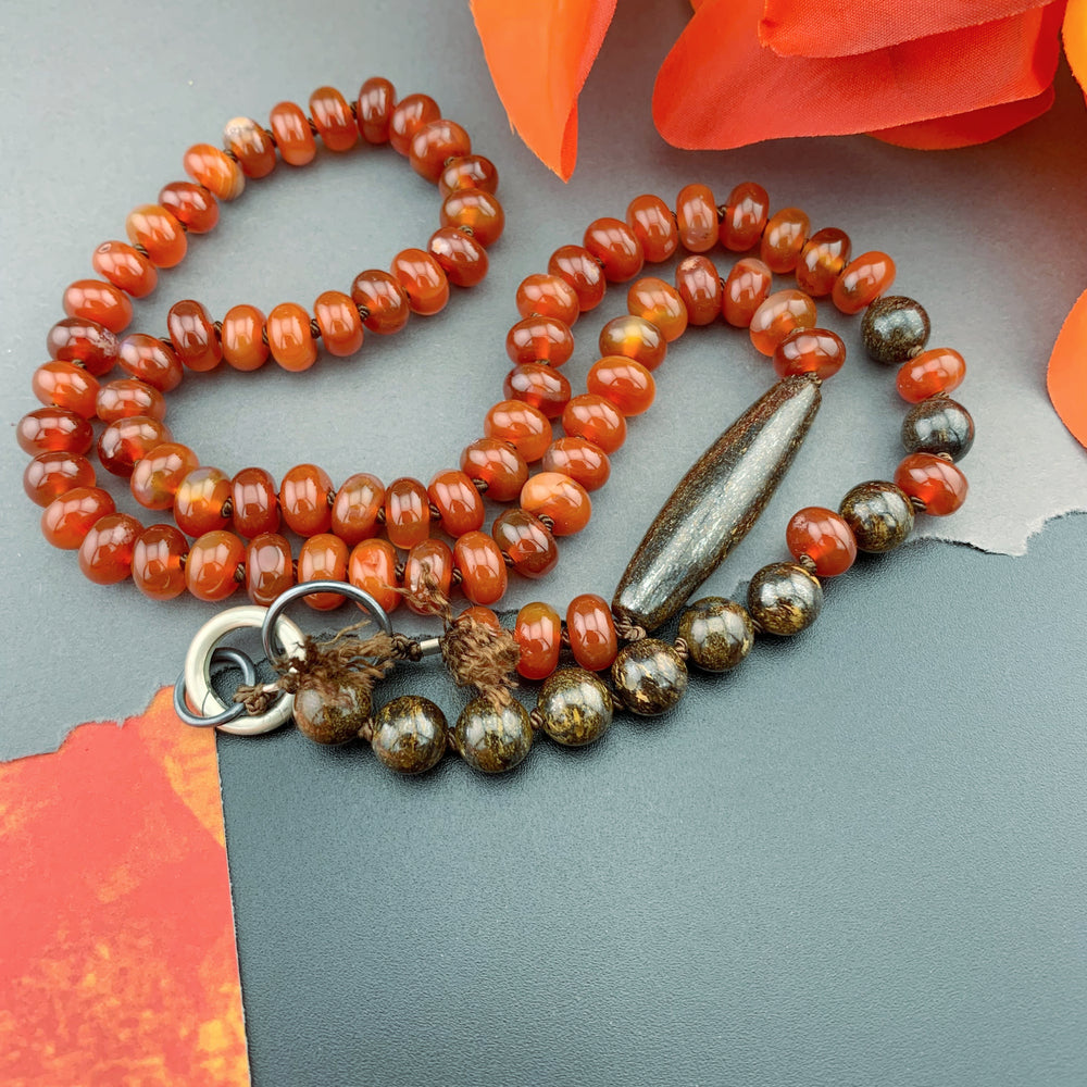 One Of A Kind Silk Knotted Carnelian and Bronzite Gemstone Candy Necklace
