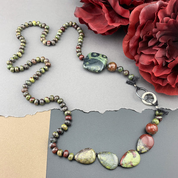 One Of A Kind Silk Knotted Dragon's Blood and Kambaba Jasper Gemstone Candy Necklace