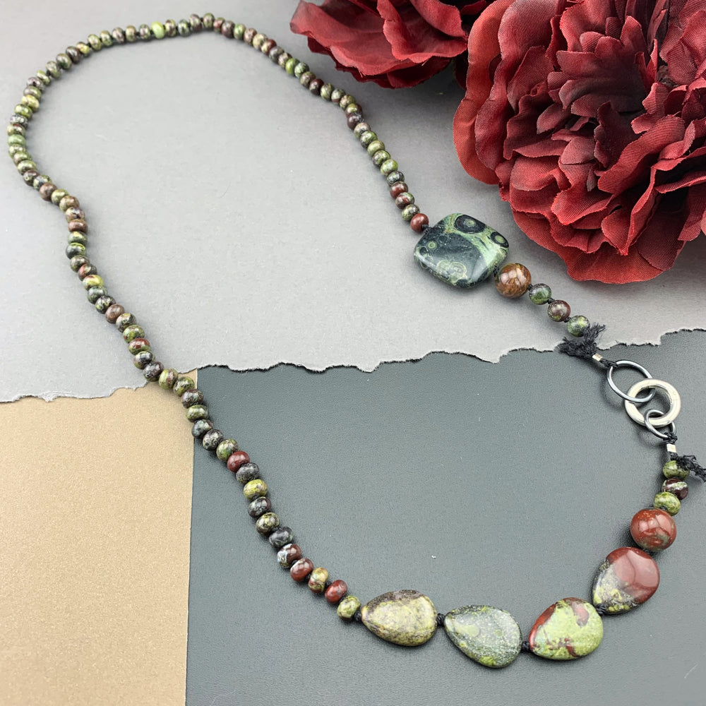 One Of A Kind Silk Knotted Dragon's Blood and Kambaba Jasper Gemstone Candy Necklace