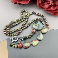 One Of A Kind Silk Knotted Dragon's Blood and Kambaba Jasper Gemstone Candy Necklace