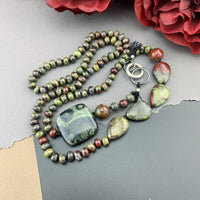 One Of A Kind Silk Knotted Dragon's Blood and Kambaba Jasper Gemstone Candy Necklace