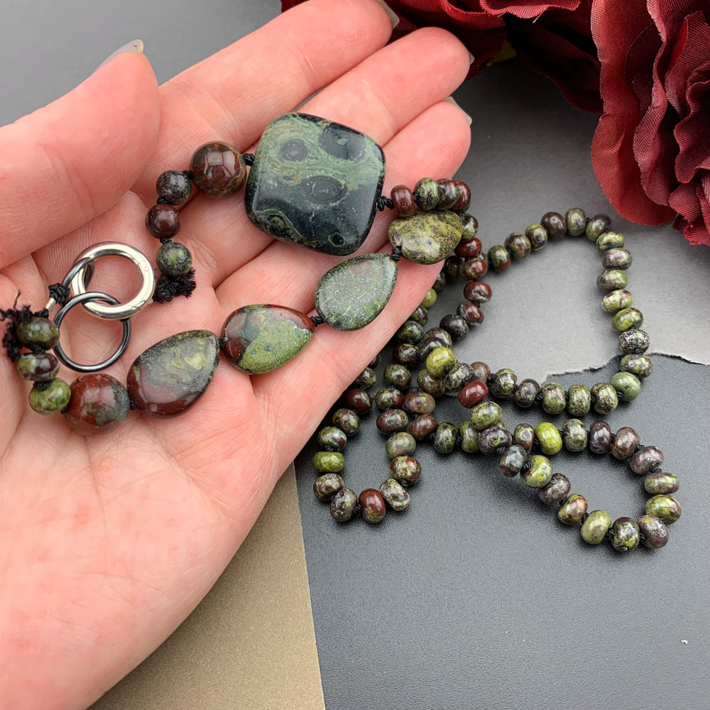 One Of A Kind Silk Knotted Dragon's Blood and Kambaba Jasper Gemstone Candy Necklace