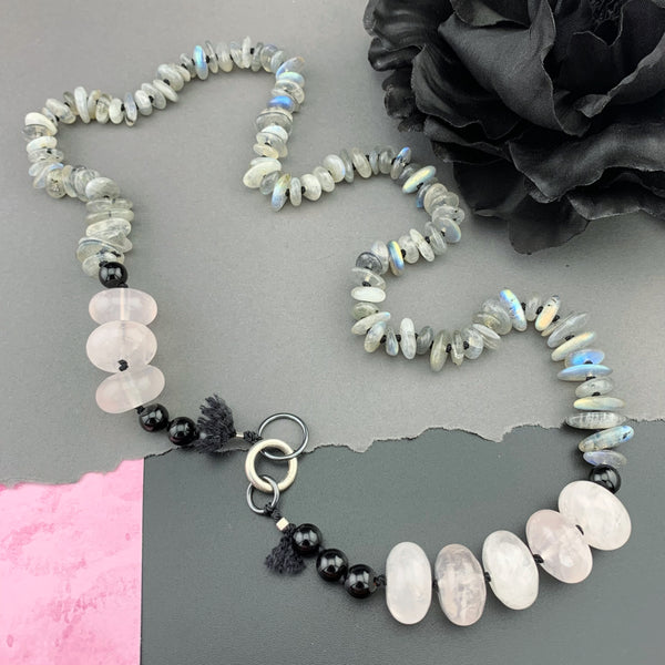 One Of A Kind Silk Knotted Labradorite, Rose Quartz and Black Tourmaline Gemstone Candy Necklace