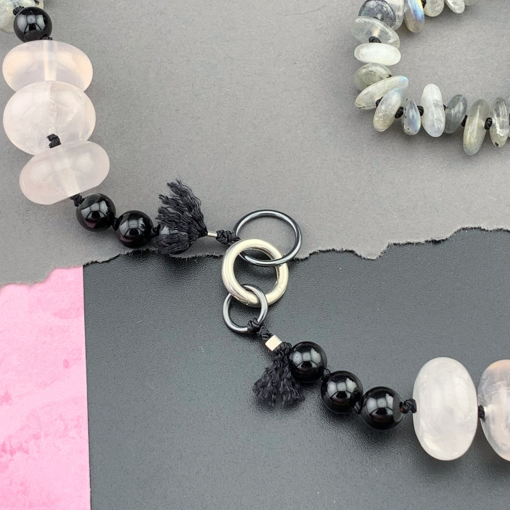 One Of A Kind Silk Knotted Labradorite, Rose Quartz and Black Tourmaline Gemstone Candy Necklace