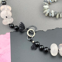 One Of A Kind Silk Knotted Labradorite, Rose Quartz and Black Tourmaline Gemstone Candy Necklace