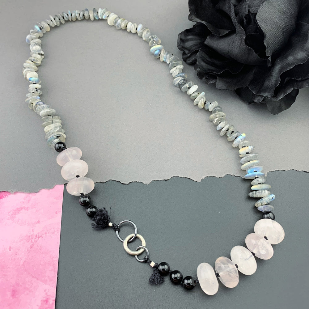 One Of A Kind Silk Knotted Labradorite, Rose Quartz and Black Tourmaline Gemstone Candy Necklace