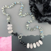 One Of A Kind Silk Knotted Labradorite, Rose Quartz and Black Tourmaline Gemstone Candy Necklace