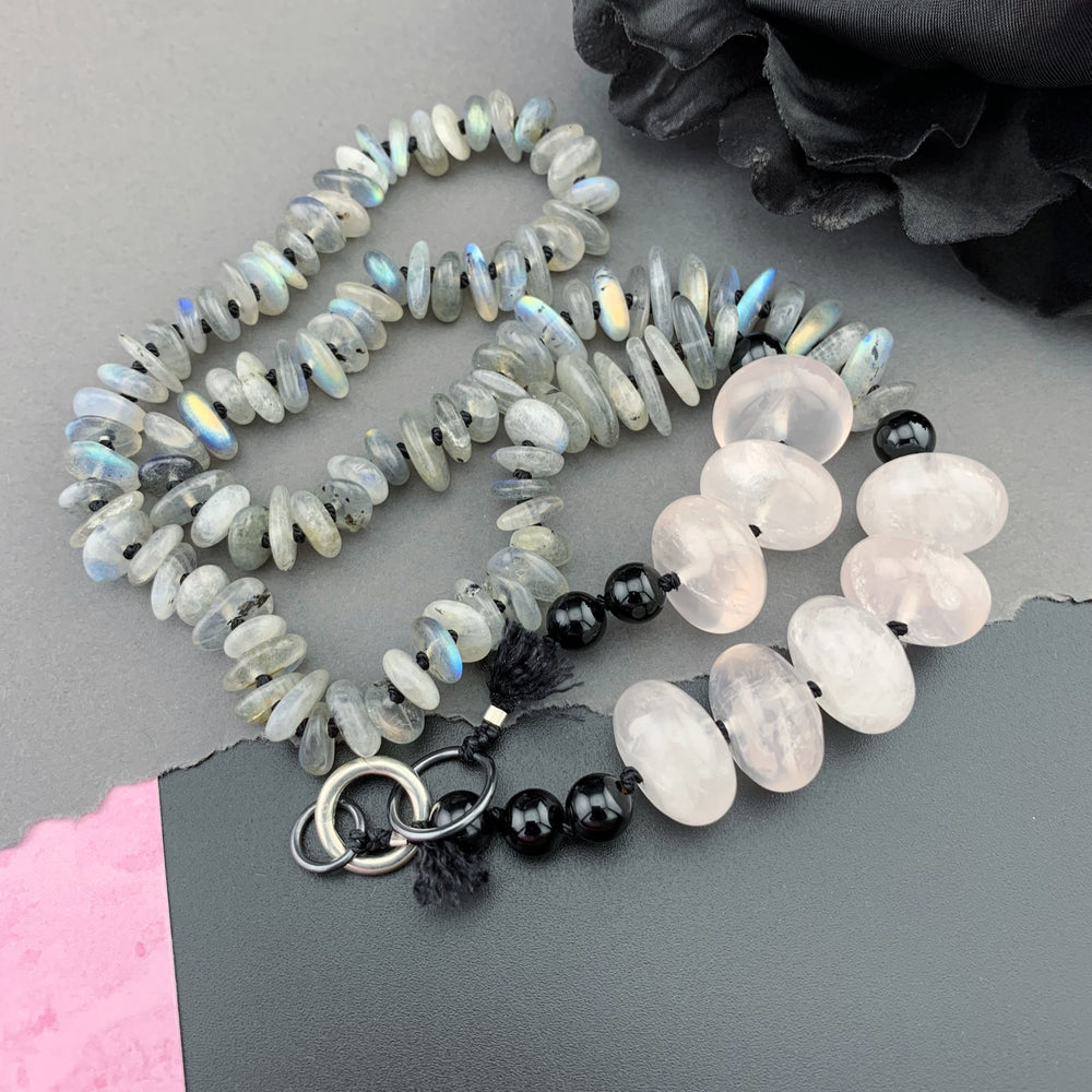 One Of A Kind Silk Knotted Labradorite, Rose Quartz and Black Tourmaline Gemstone Candy Necklace