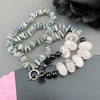 One Of A Kind Silk Knotted Labradorite, Rose Quartz and Black Tourmaline Gemstone Candy Necklace