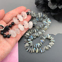 One Of A Kind Silk Knotted Labradorite, Rose Quartz and Black Tourmaline Gemstone Candy Necklace