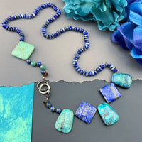 One Of A Kind Silk Knotted Lapis Lazuli, Chrysocolla and Turquoise Gemstone Candy Necklace