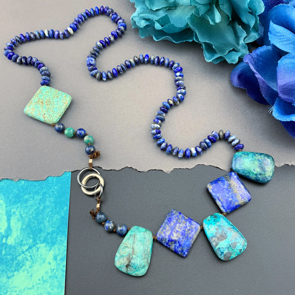 One Of A Kind Silk Knotted Lapis Lazuli, Chrysocolla and Turquoise Gemstone Candy Necklace