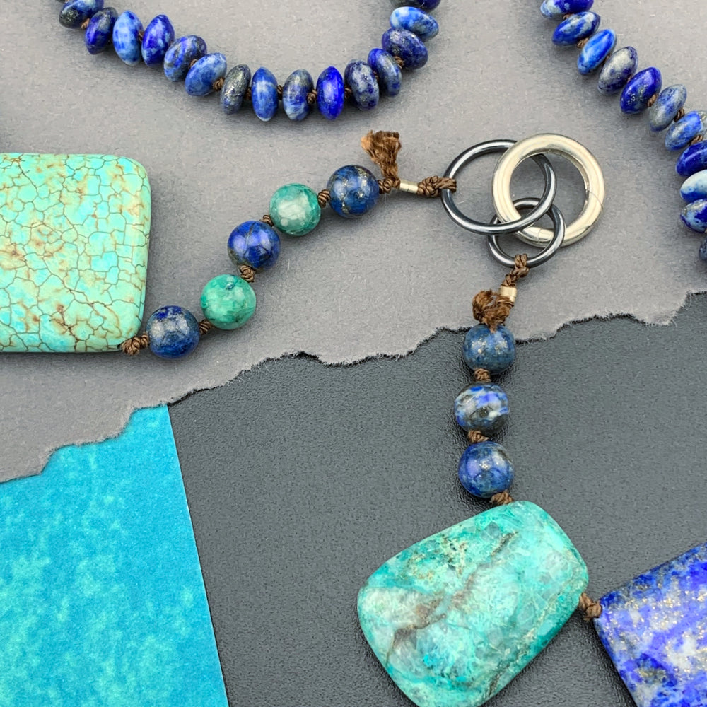 One Of A Kind Silk Knotted Lapis Lazuli, Chrysocolla and Turquoise Gemstone Candy Necklace