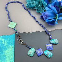 One Of A Kind Silk Knotted Lapis Lazuli, Chrysocolla and Turquoise Gemstone Candy Necklace