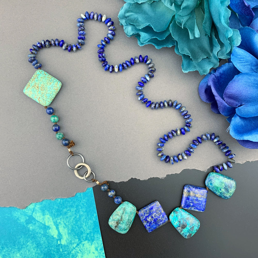 One Of A Kind Silk Knotted Lapis Lazuli, Chrysocolla and Turquoise Gemstone Candy Necklace