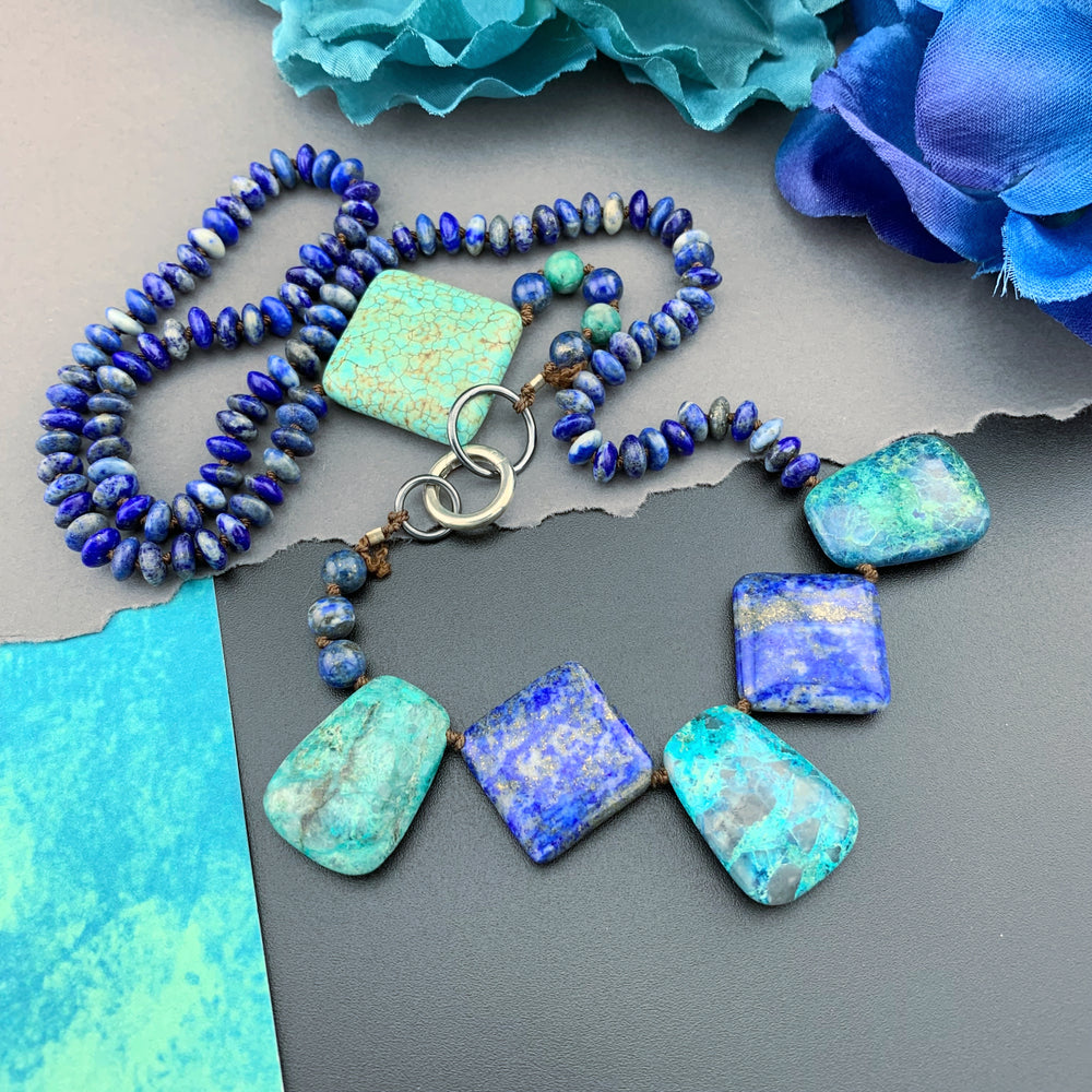 One Of A Kind Silk Knotted Lapis Lazuli, Chrysocolla and Turquoise Gemstone Candy Necklace